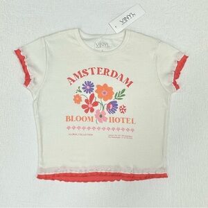 White with red ruffle hems, Amsterdam Bloom Hotel crop top. Flower print. NWT